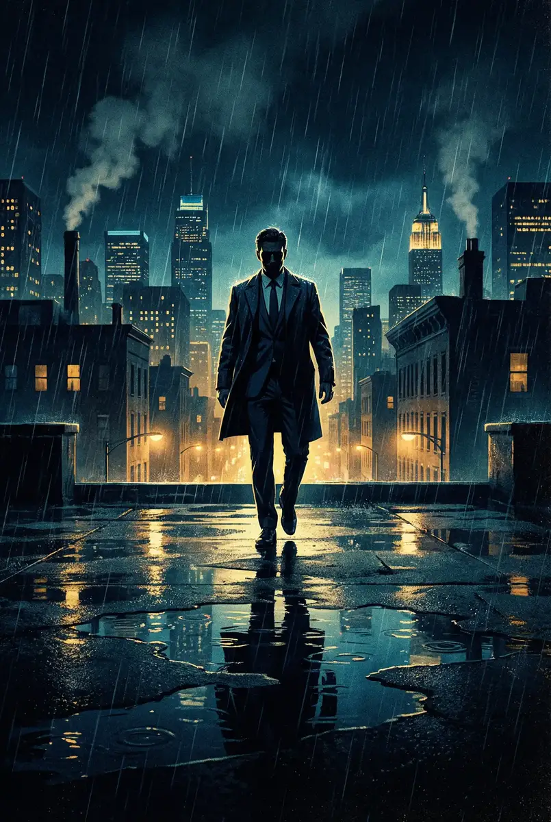 2021无线乱码免费 出品影片《雨夜独行者》海报，雨中城市屋顶男性剪影